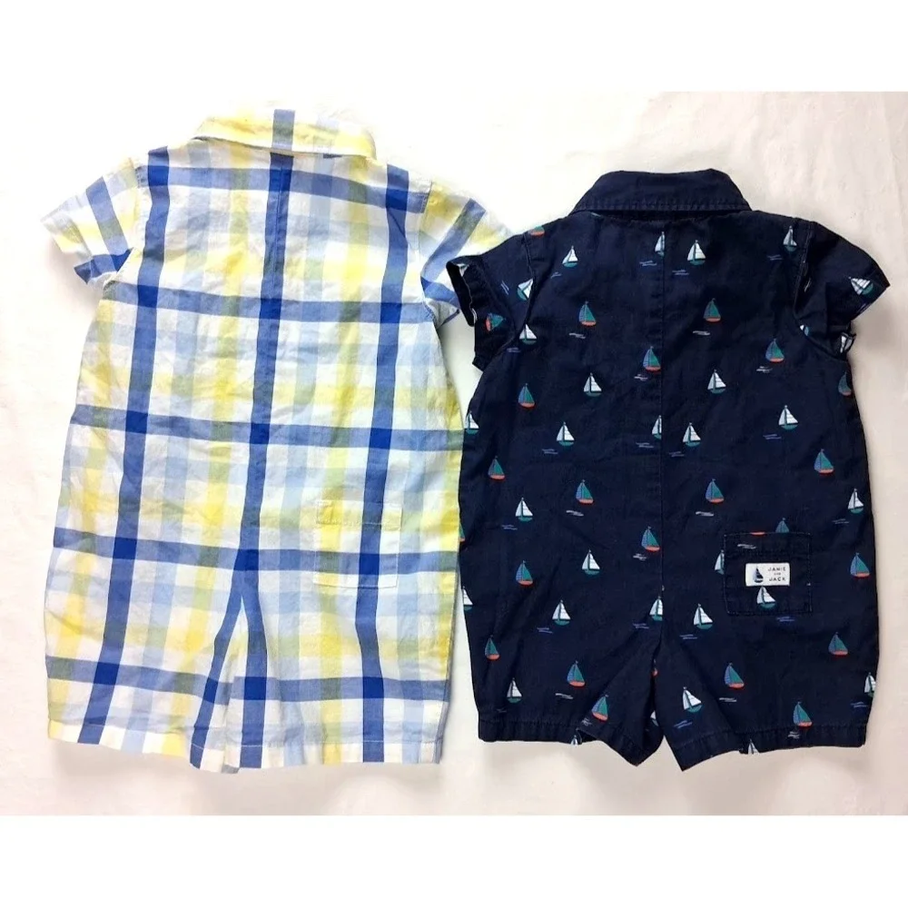 Janie & Jack Baby Boy 0 3 6 Mos Collared Romper Lot Sailboat Plaid Shortall Blue